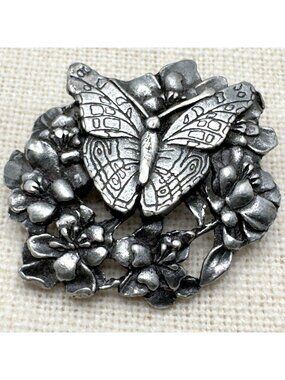 Vintage Birds & Blooms Butterfly Brooch Pin Limited Edition Pewter Floral 1998